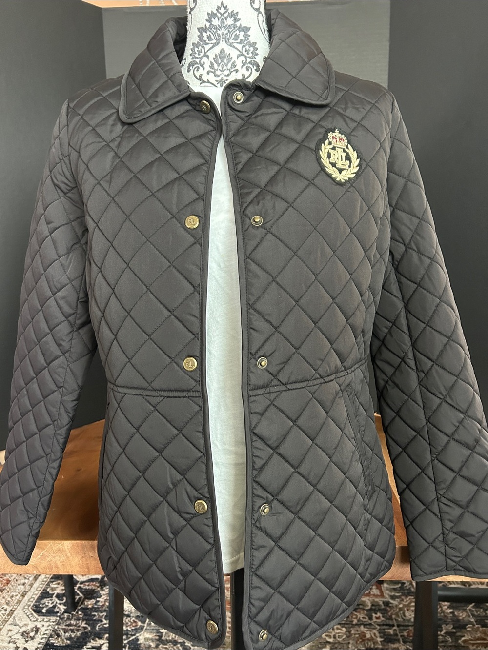 Ralph Lauren Medium Black Quilted Puffer Jacket with Crest on chest.